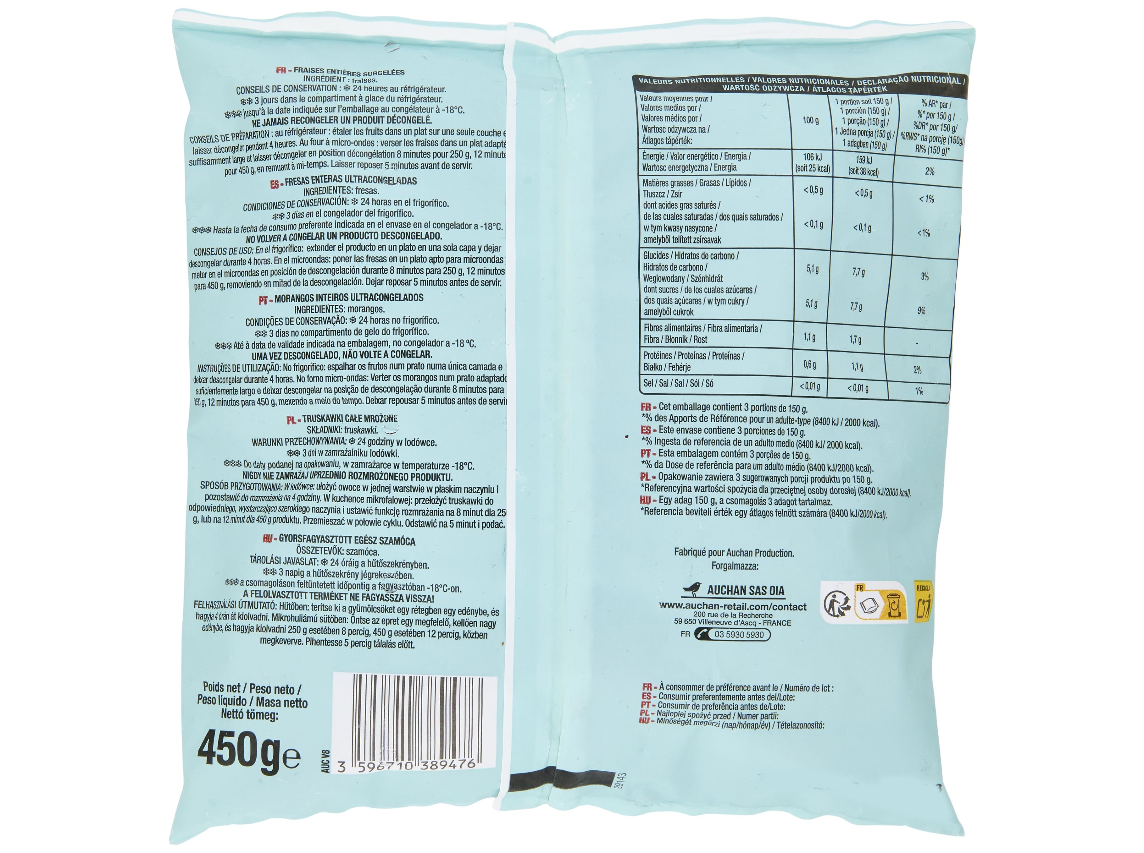 MORANGOS AUCHAN INTEIROS ULTRACONGELADOS 450G