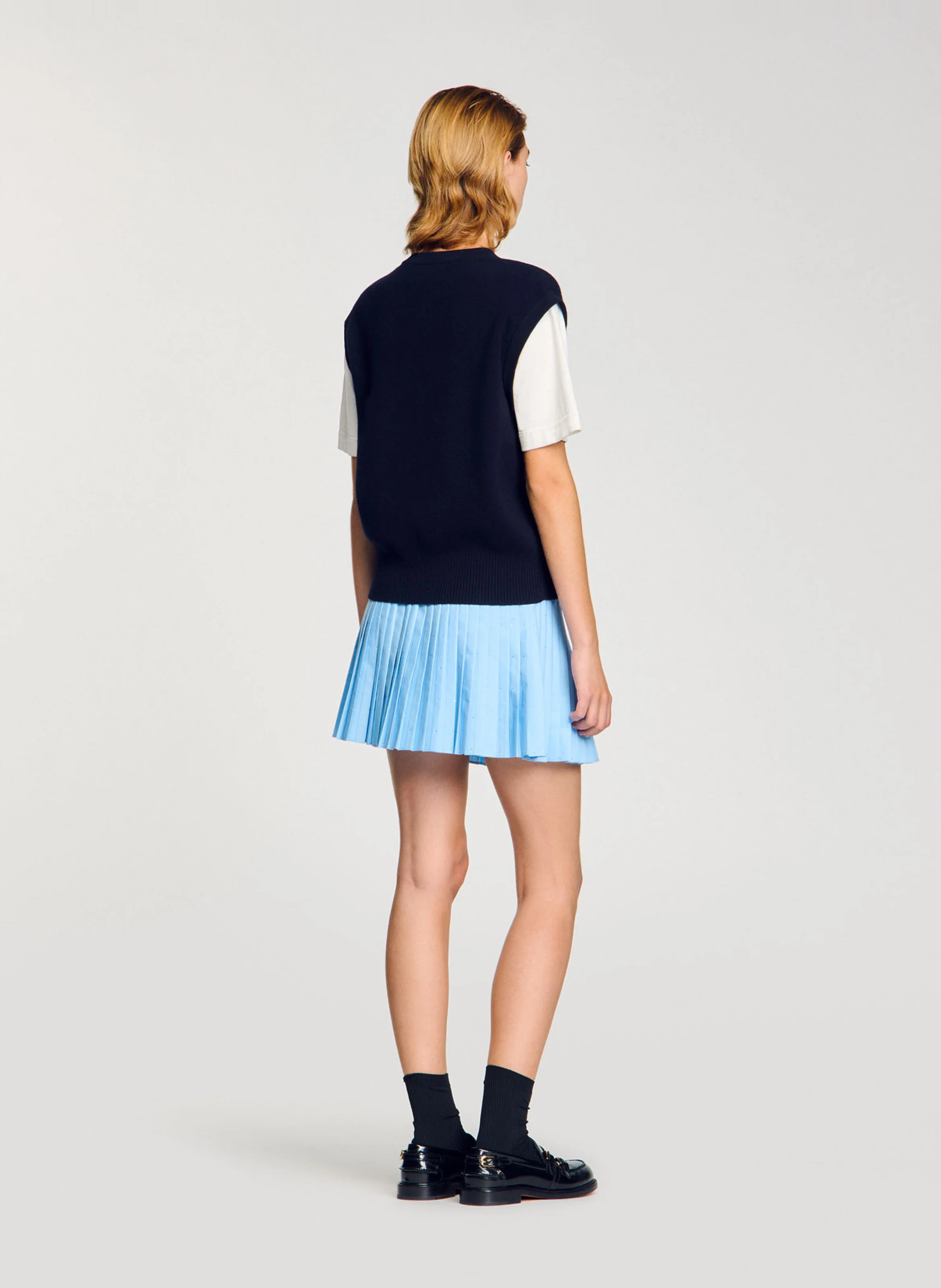 Pull bicolore court en laine mélangée | Bleu