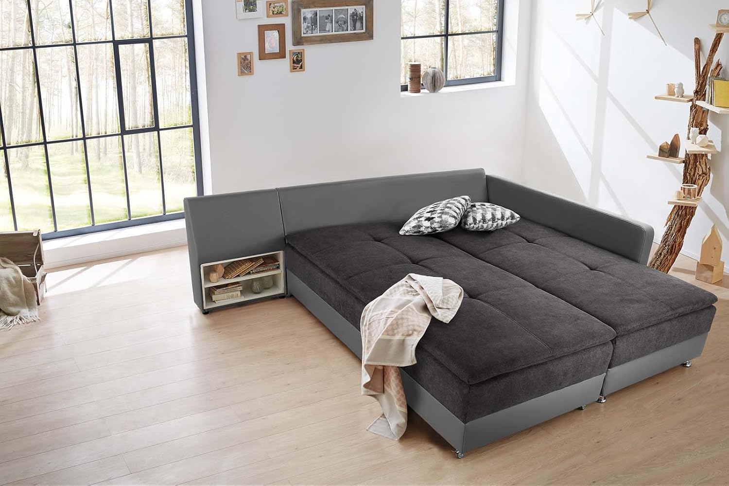Federkern Ecksofa B306/T223/H95 cm Dauerschläfer, Doppelbett Schlaffunktion, Kaltschaum-Topper, Bettkasten, Regal, Schwenkteil LINKS, Mikrofaser-Bezug Anthrazit, Korpus Kunstleder Grau / 15105