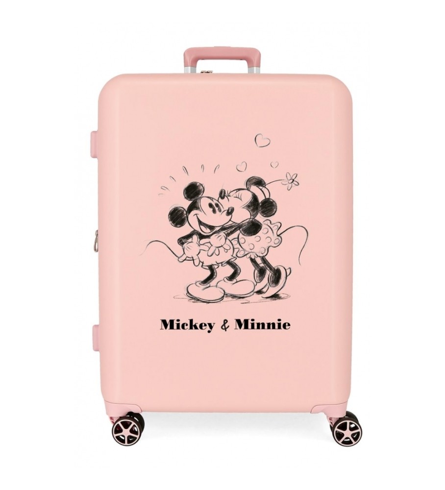 Mala rígida média Disney Mickey e Minnie se beijando 70cm rosa