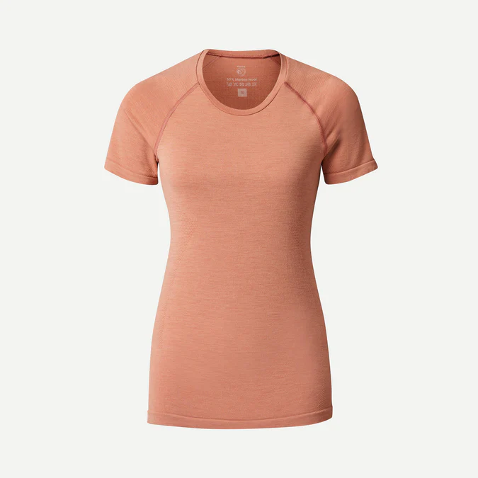 Decathlon Forclaz - Camiseta feminina Forclaz de manga curta sem costura em lã merino para mochilão - MT900
