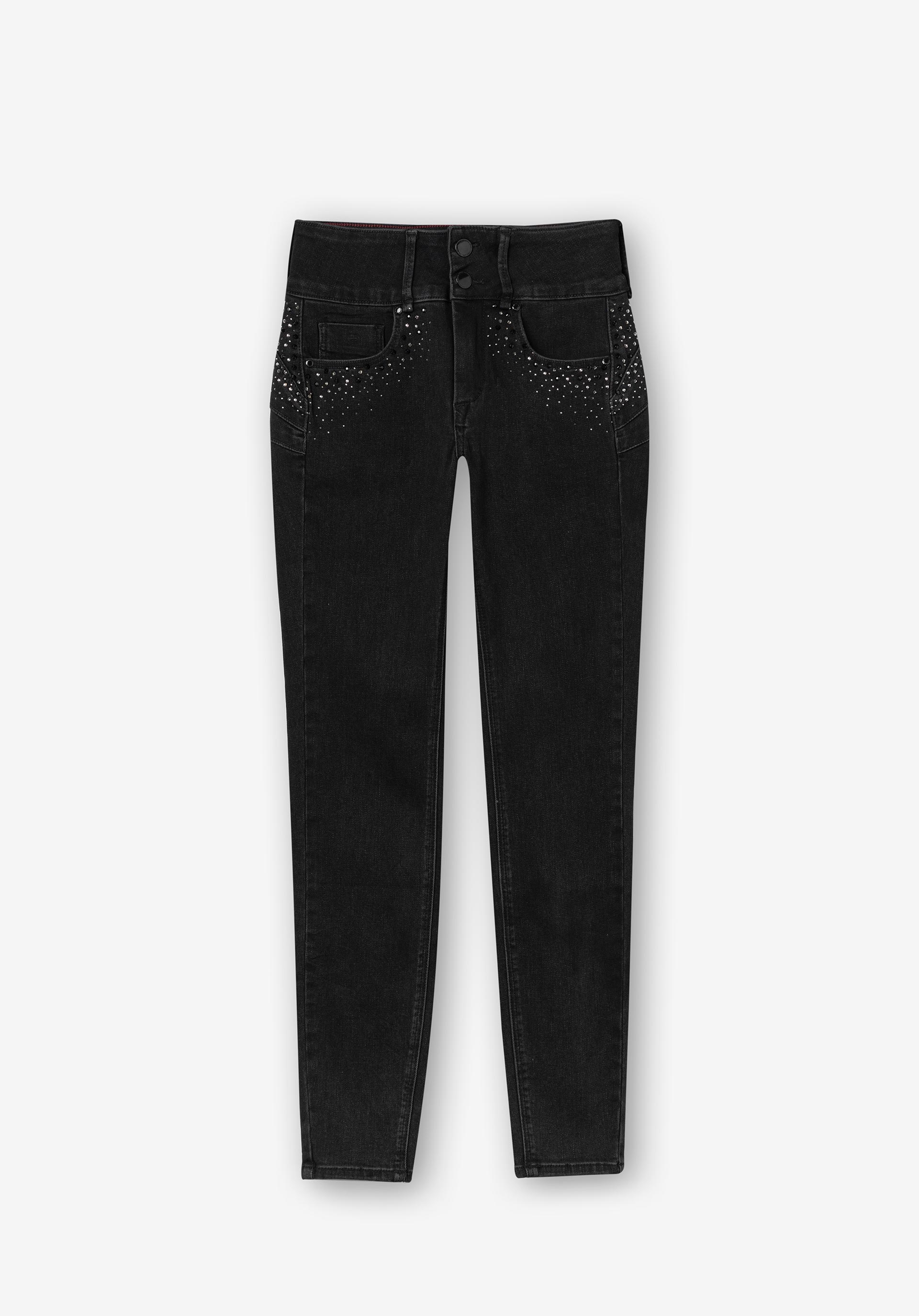 Jeans Double-up Skinny Cintura Alta Aplicações