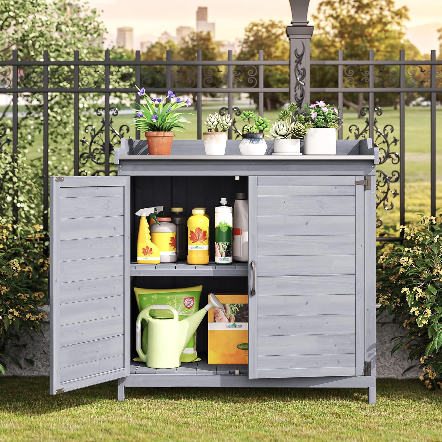 Bealife Pflanztisch mit Unterschrank, Gartenschrank mit Arbeitsplatte mit 1 Bewegbarer Einlegeboden für den Innen- und Außenbereich (Grau, 48T x 98B x 95H)