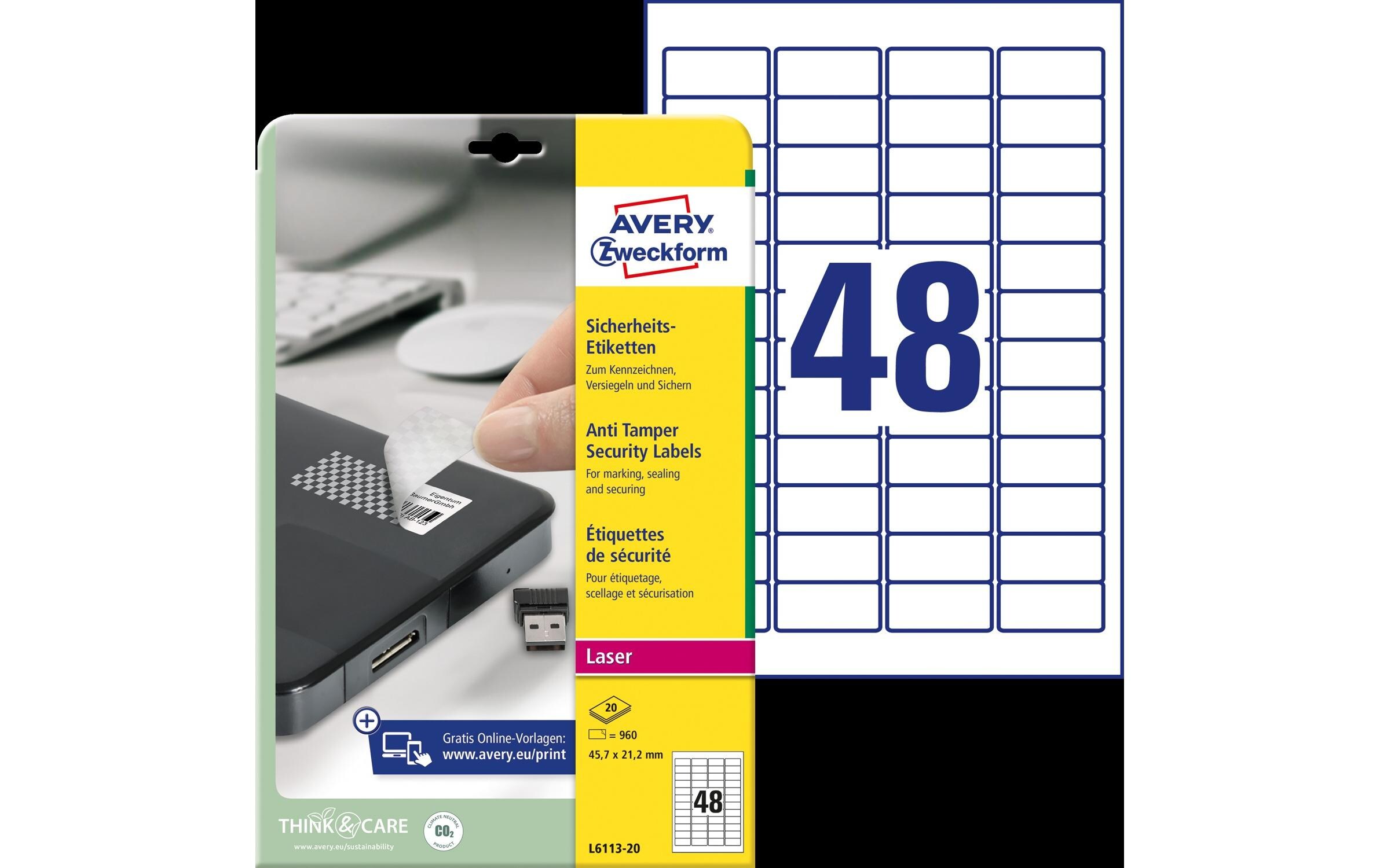 Sicherheits-Etiketten L6113-20 45.7 x 21.2 mm20 Blatt à 48 Etiketten (45,7 x 21,2 mm)