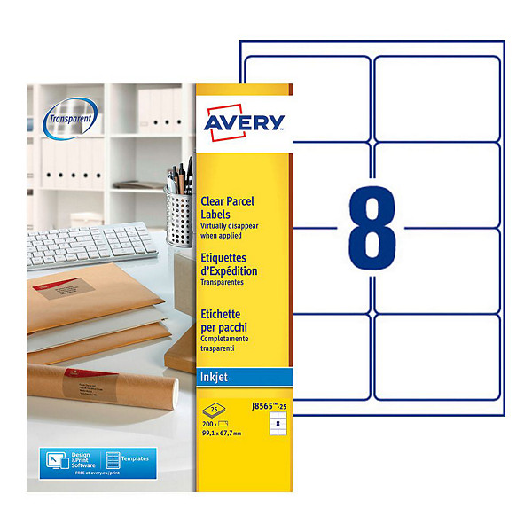 Avery J8565 Etiquettes transparentes imprimante jet d'encre 99,1 x 67,7 mm - 25 feuilles - 200 étiquettes