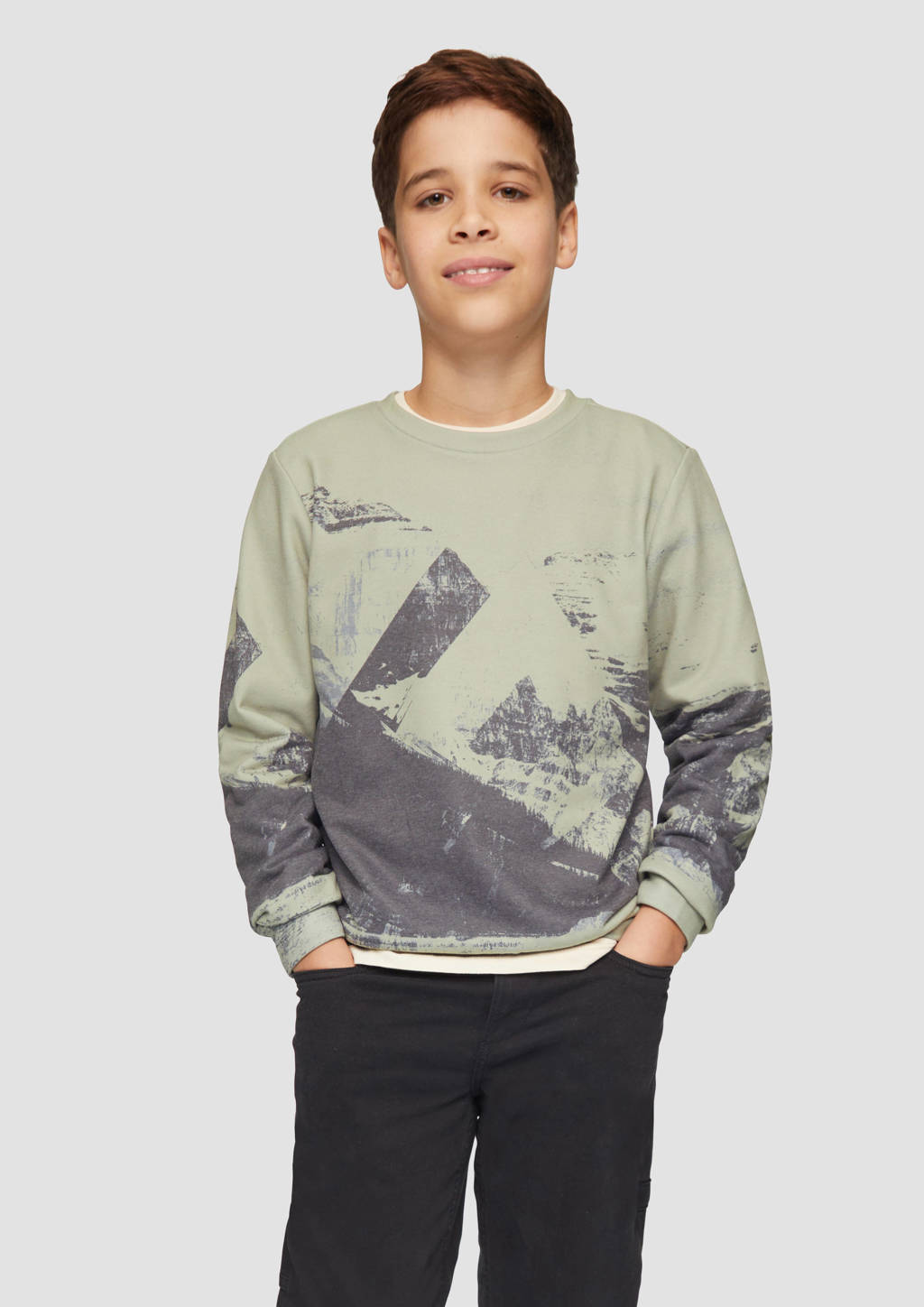 s.Oliver sweater met all over print groen/zwart