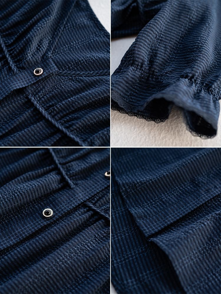 Jeonseon - Blouse met 3/4-mouwen, V-hals, gestreepte kanten rand en gerimpelde knoopjes