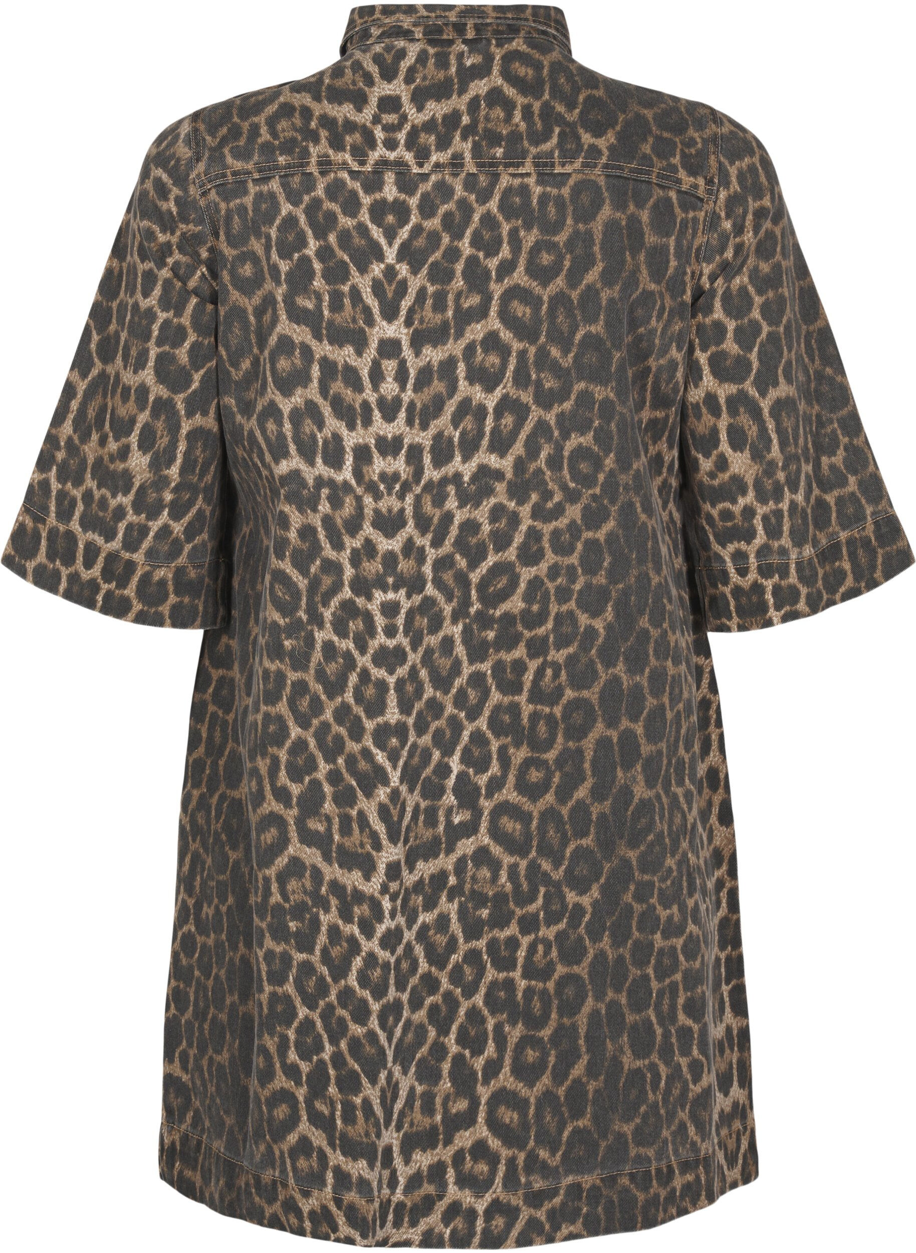 Kortærmet denimkjole med leopardprint