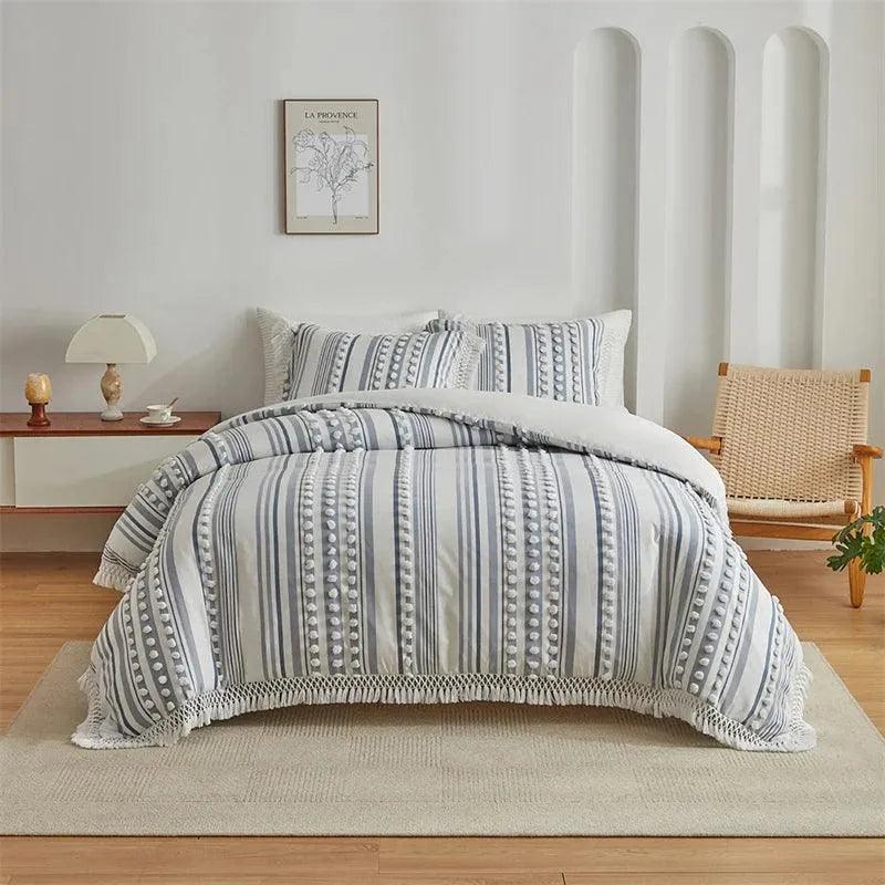High-end Striped Cut Furball Bedding Set | Modern Boho Quilt with Tassels Bed Duvet cover Pillow case