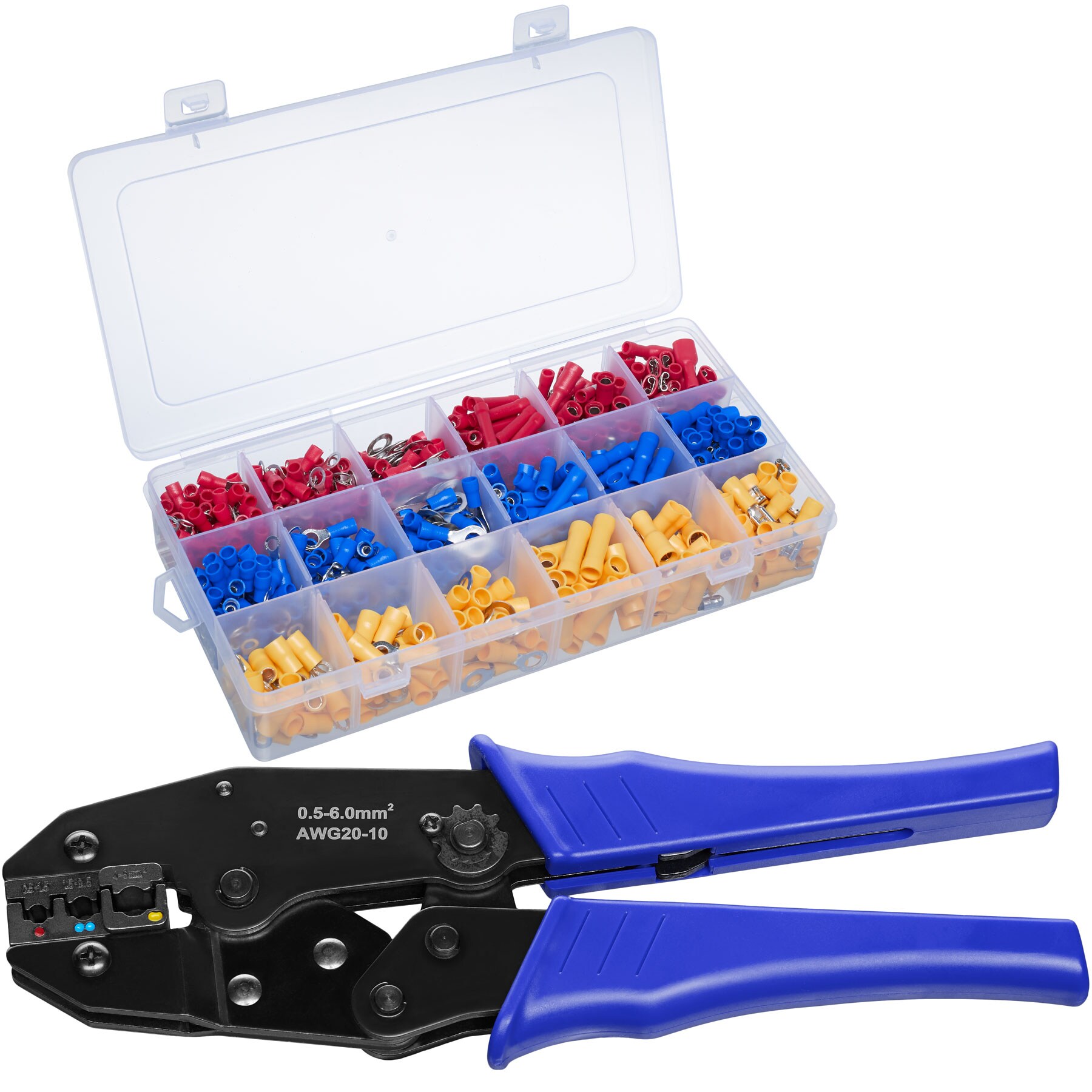 tectake® Crimpzange, 0,5 - 6 mm², Pressbacken in drei Größen, mit Ratschenfunktion, inklusive Aufbewahrungsbox