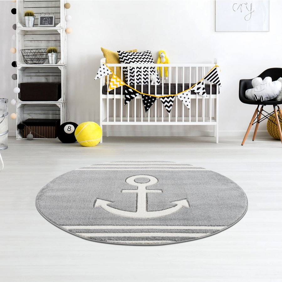LIVONE Kinderteppich Kids love Rugs Anker Rund silbergrauweiss