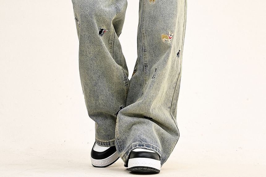 Moon City - High Rise Dog geborduurde gewassen wijde jeans