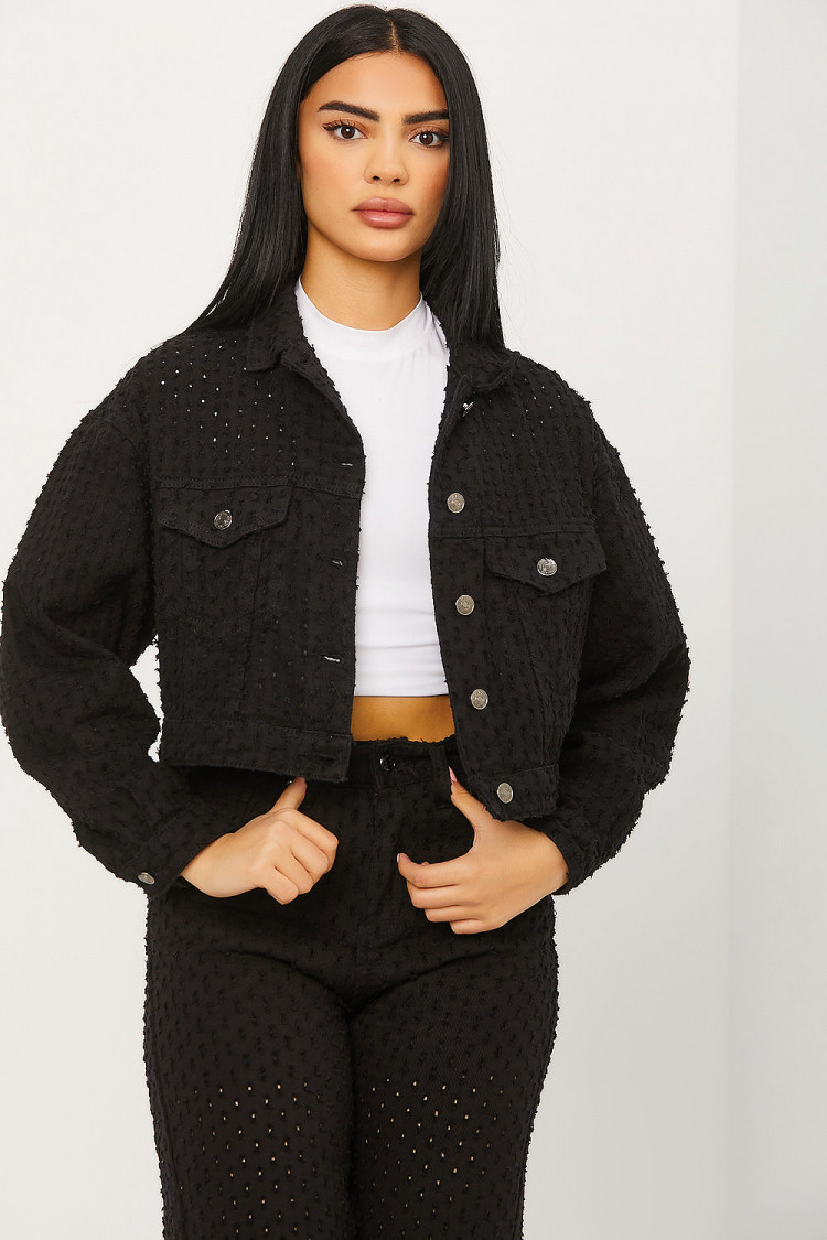 Veste courte en jeans noire à trous