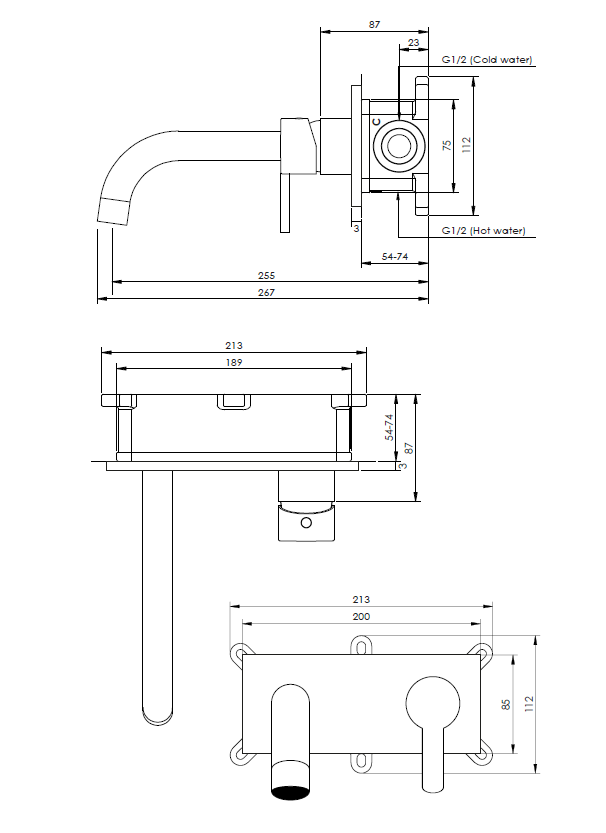 Brauer Gold Edition ColdStart wastafelkraan inbouw gebogen uitloop met achterplaat model D1 geborsteld messing PVD