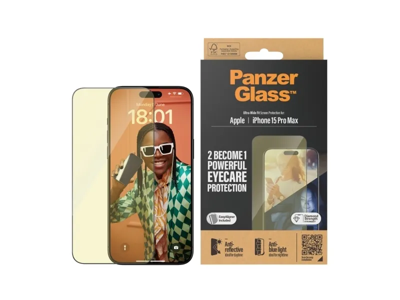 PanzerGlass™ | Ultra-Wide Fit - Skærmbeskyttelse til mobiltelefon - EyeCare Protection | Apple iPhone 15 Pro Max
