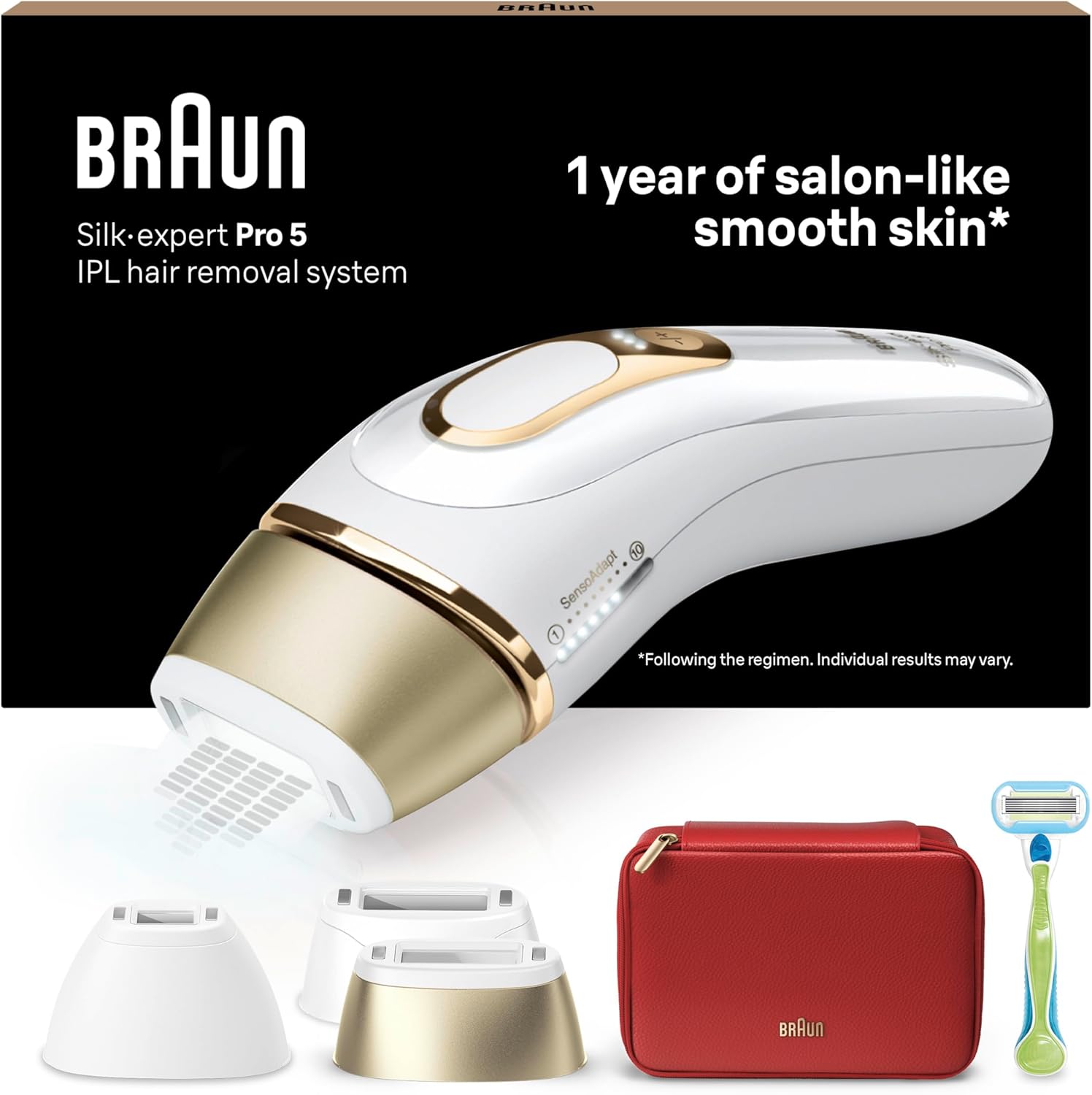 Braun IPL Silk Expert Pro 5 Haarentfernungsgerät Damen, sichtbare Haarentfernung, Designed In Germany, Venus Rasierer, 3 Aufsätze, Alternative zu Laser Haarentfernung, PL5262, weiß/gold