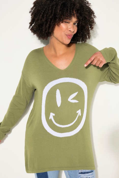 Pullover, oversized, Smiley, V-Ausschnitt, Langarm