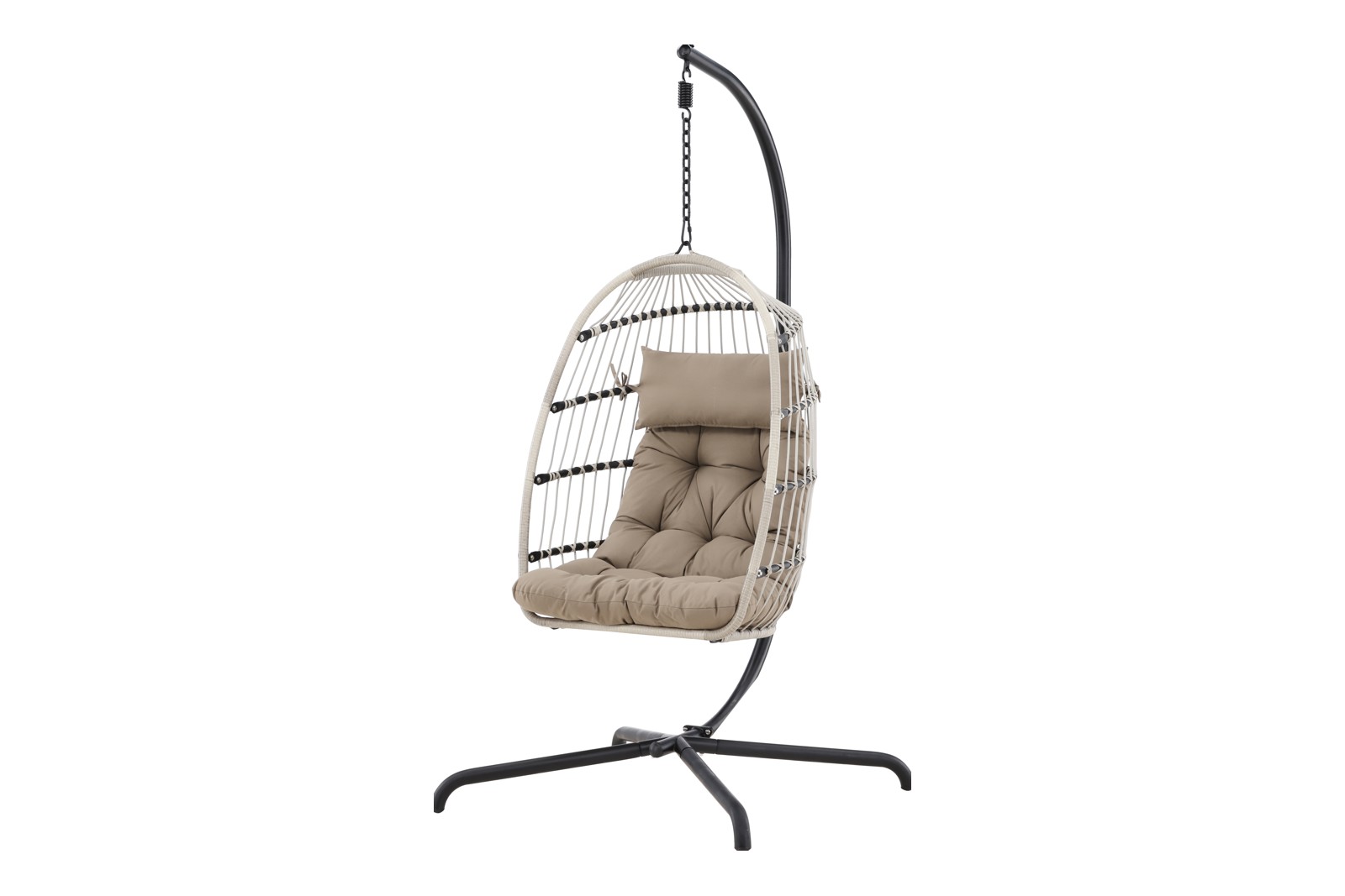 Trezza hengestol Sortlakkert stål, med grått, slitesterkt rep. Beige pute.