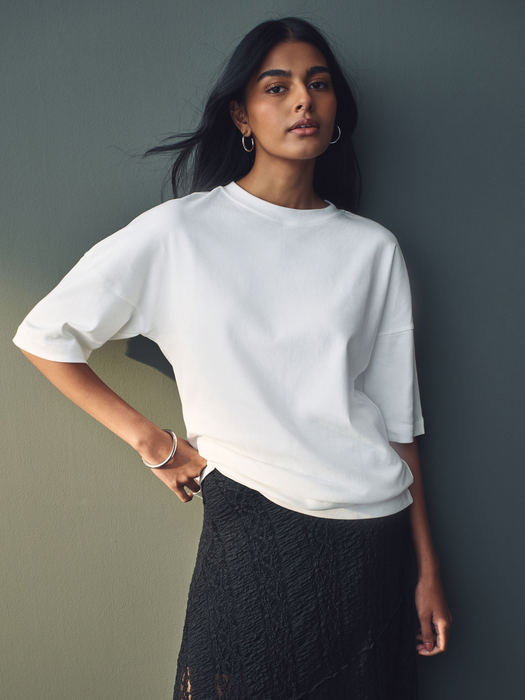 Wit - Relaxt dik lang T-shirt