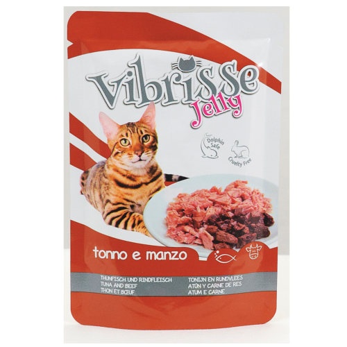Sachê de gelatina Vibrisse Kitten com atum e carne para gatos.