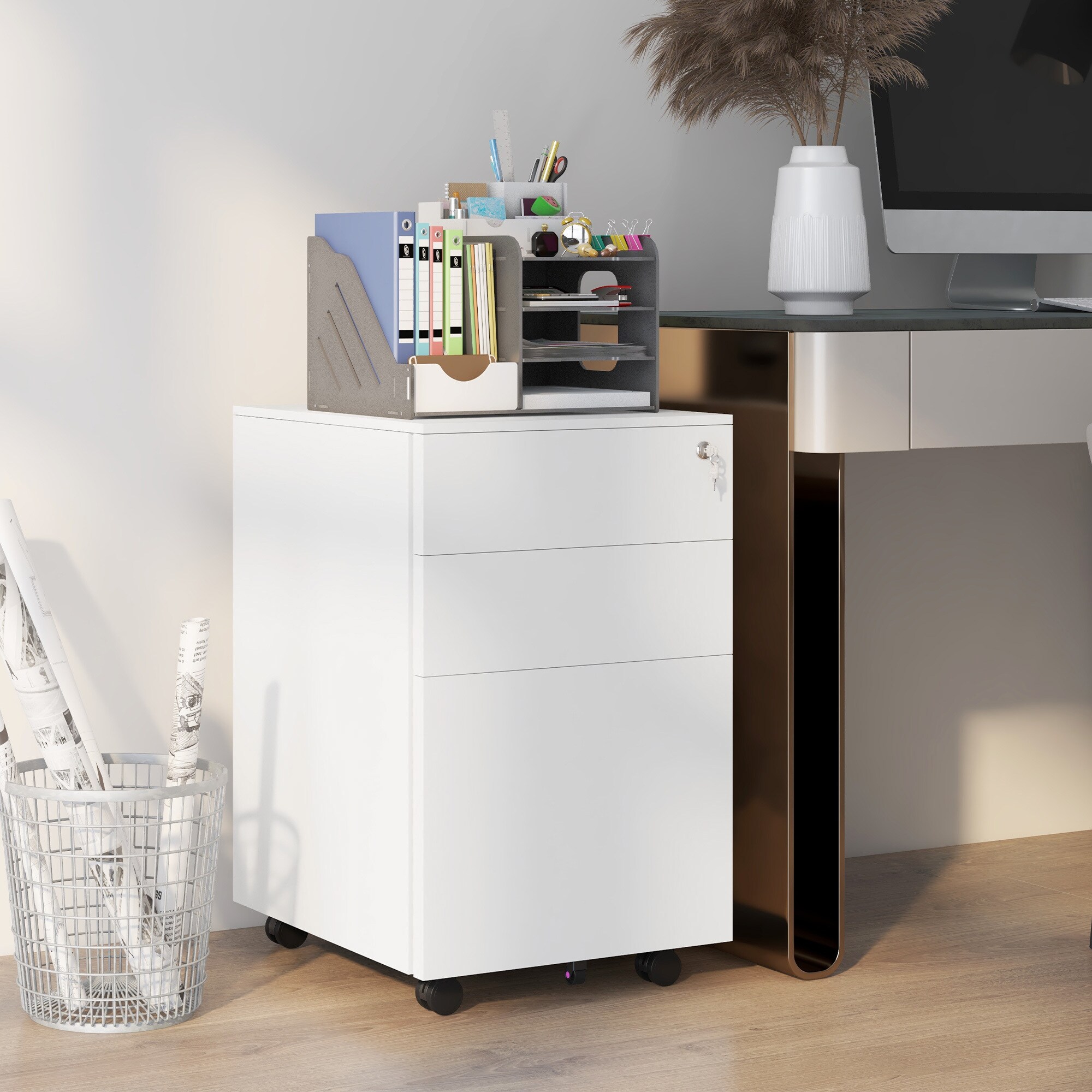 Vinsetto Rollcontainer mit 3 verschließbaren Schubladen weiß 37L x 43,5B x 60H cm