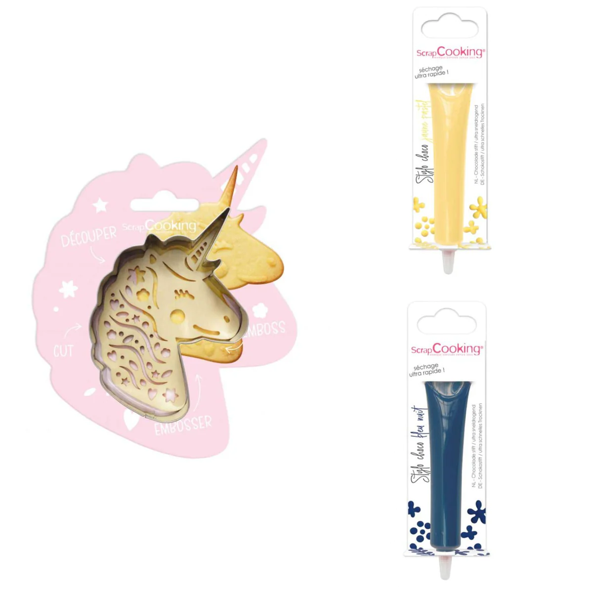 Kit pour biscuit en relief Licorne + 2 Stylos au chocolat jaune pastel