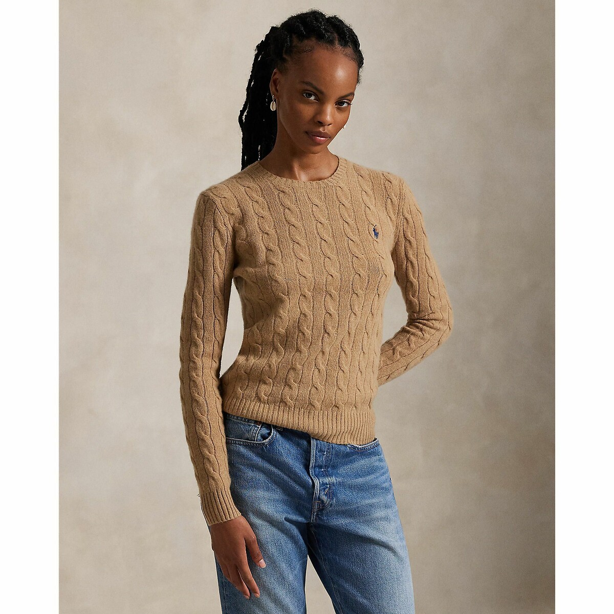 POLO RALPH LAUREN<br>Suéter de gola redonda, tricô trançado em lã e cashmere