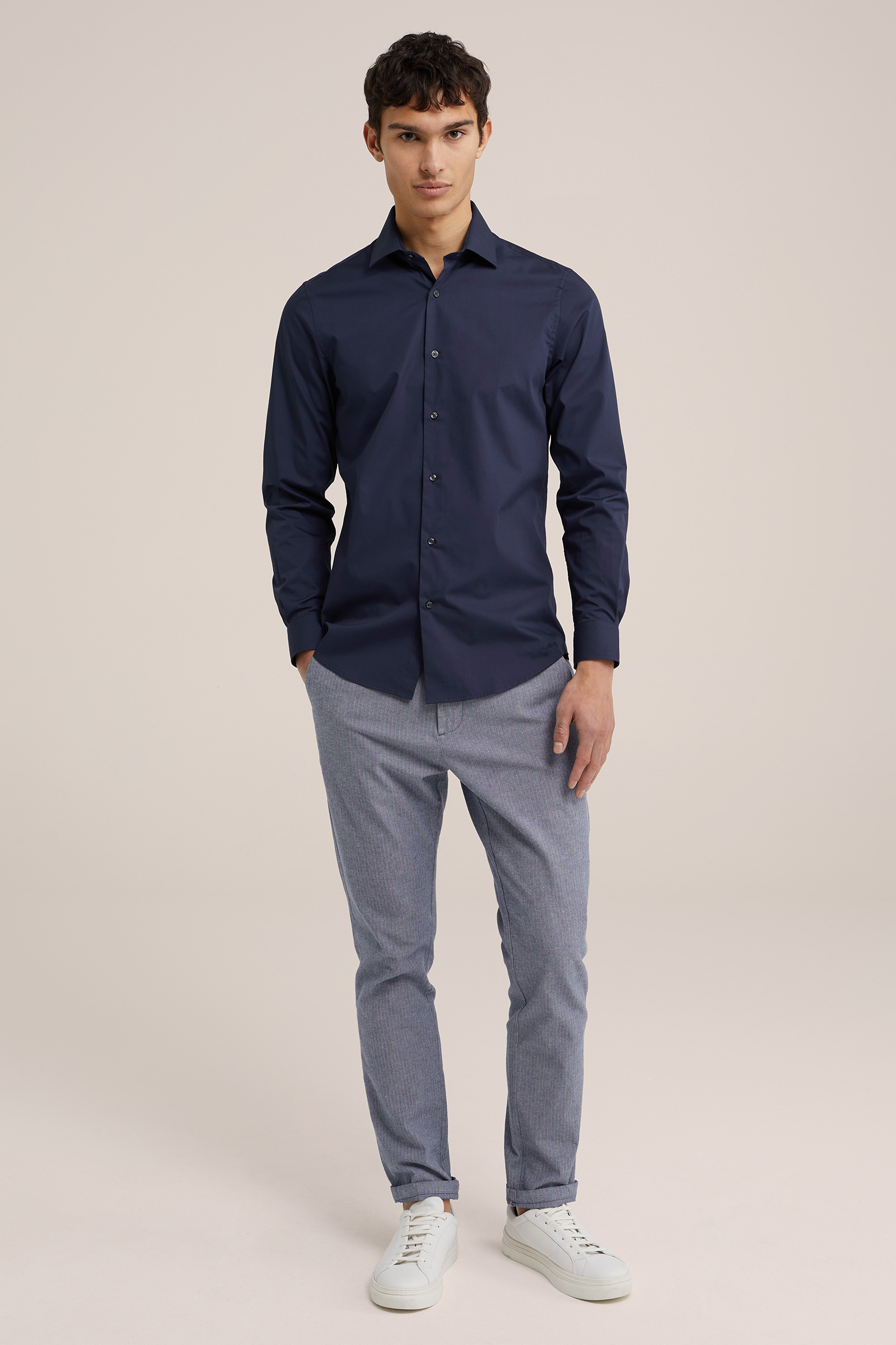 geweven overhemd van katoenmix WE Fashion Donkerblauw