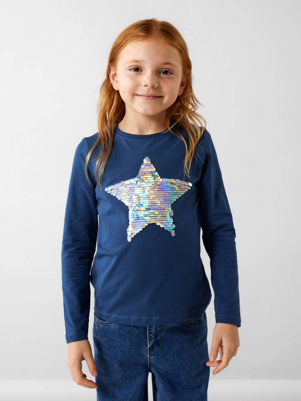 NAME IT longsleeve NKFLINSTAR met printopdruk en pailletten donkerblauw