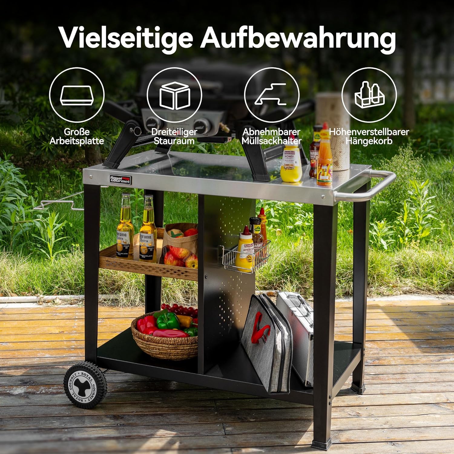 Royal Gourmet Grilltisch mit 85x50 cm Edelstahlplatte 3-Etage Grillwagen für Tischgrill und Pizzaöfen, Rollwagen mit Griffen, Müllbeutelhalter & Aufbewahrungsregalen, Einfaches Reinigen & Bewegbar