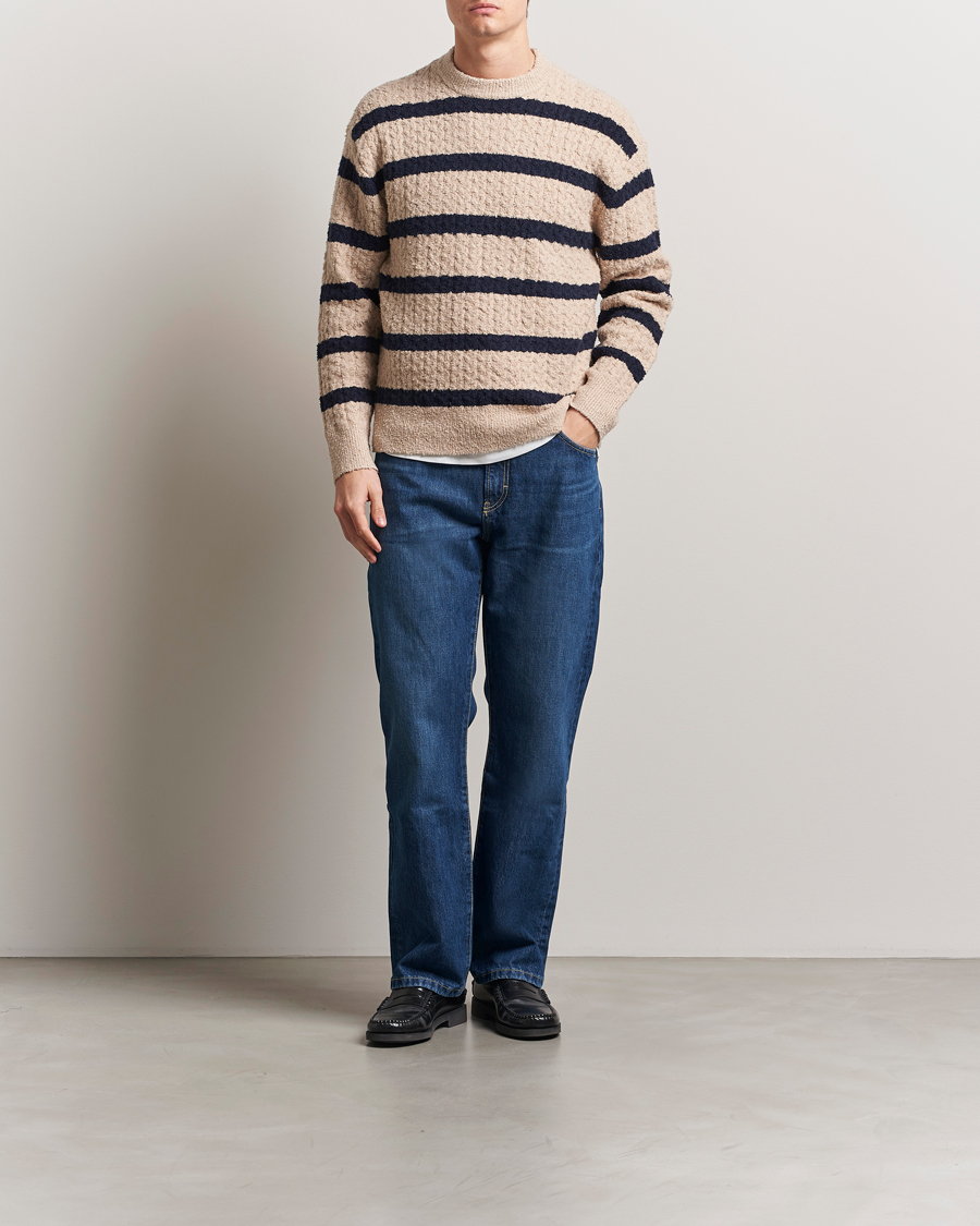 Filippa K Bouclé Knitted Striped Sweater Light Khaki/Navy