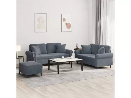 Ensemble de canapés 3 pièces avec coussins gris foncé velours