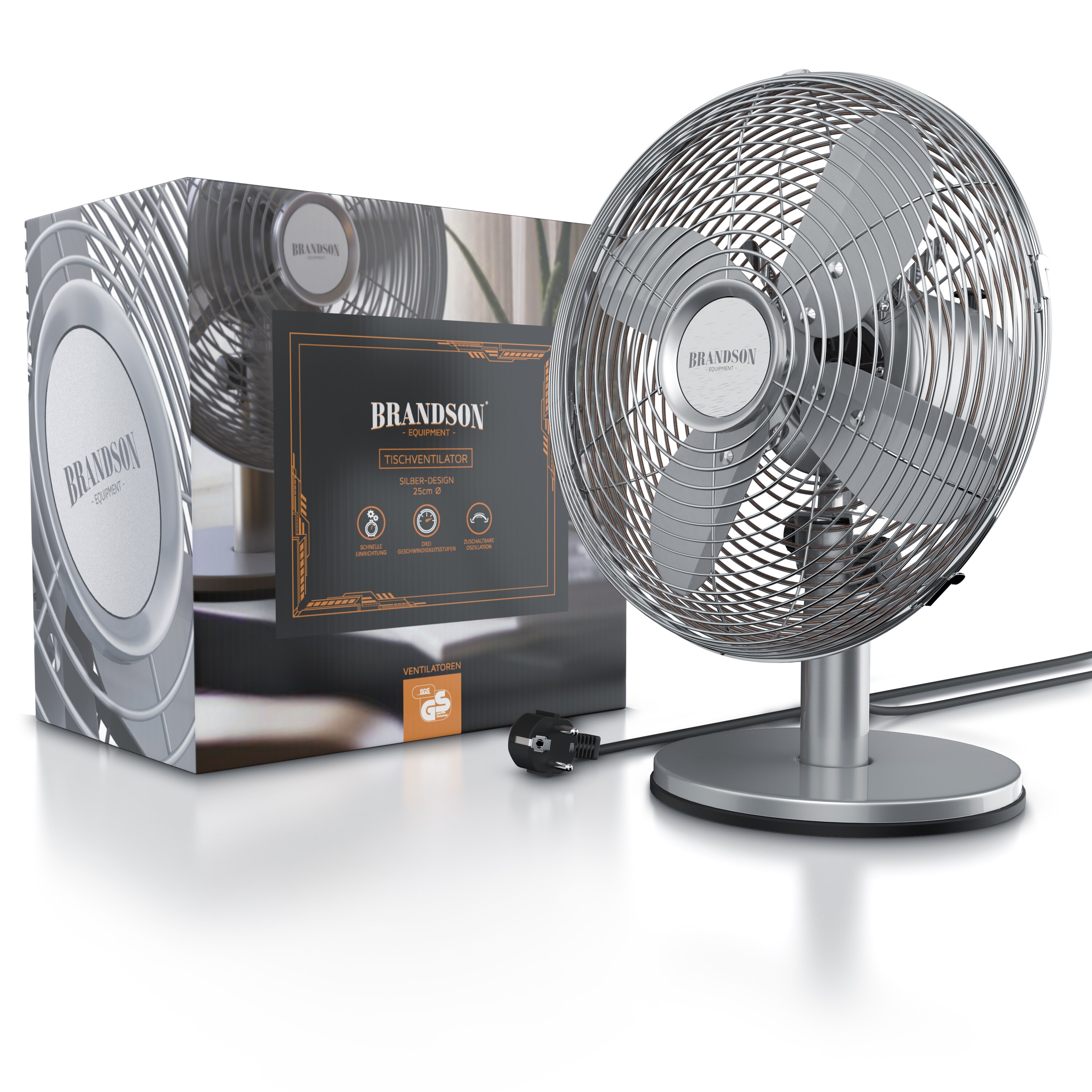 Brandson Tischventilator, mobiler Lüfter, oszillierend 80°, Ventilator mit 3 Geschwindigkeitsstufen, Robustes Voll-Metallgehäuse, Neigung ca. 40°