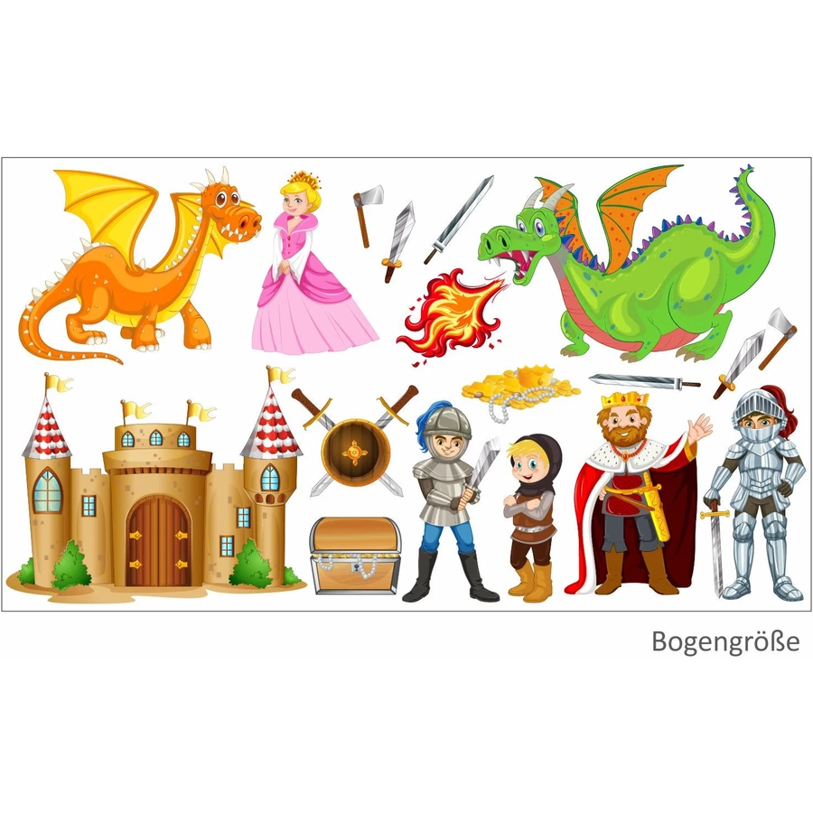 Nikima Wandtattoo 009 Wandtattoo Ritter mit Drachen Burg König Schatz Gold Prinzessin grau
