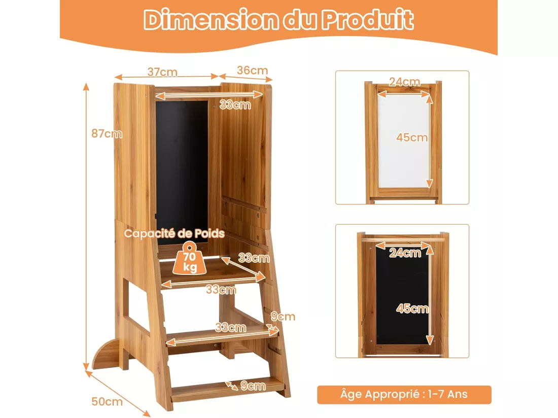Tour d'apprentissage Enfant avec Hauteur Réglable & Tableau, Tour d'Observation Montessori en Bois avec Rail de Sécurité & Pieds Anti-Bascule, Charge 70kg pour Enfant de 1-7 Ans (Naturel)