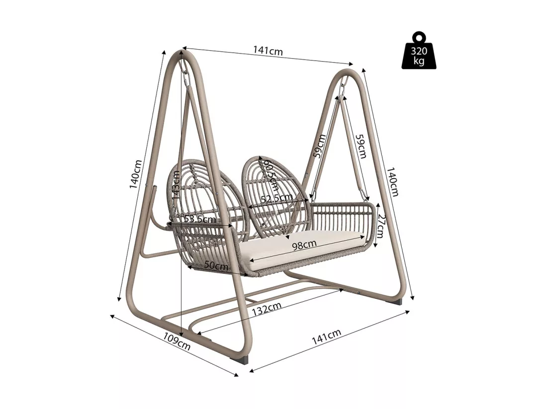 Chaise de balançoire jardin rotin PE 2 sièges dossier marron clair coussins ensemble de mobilier de jardin pour l'extérieur beiges