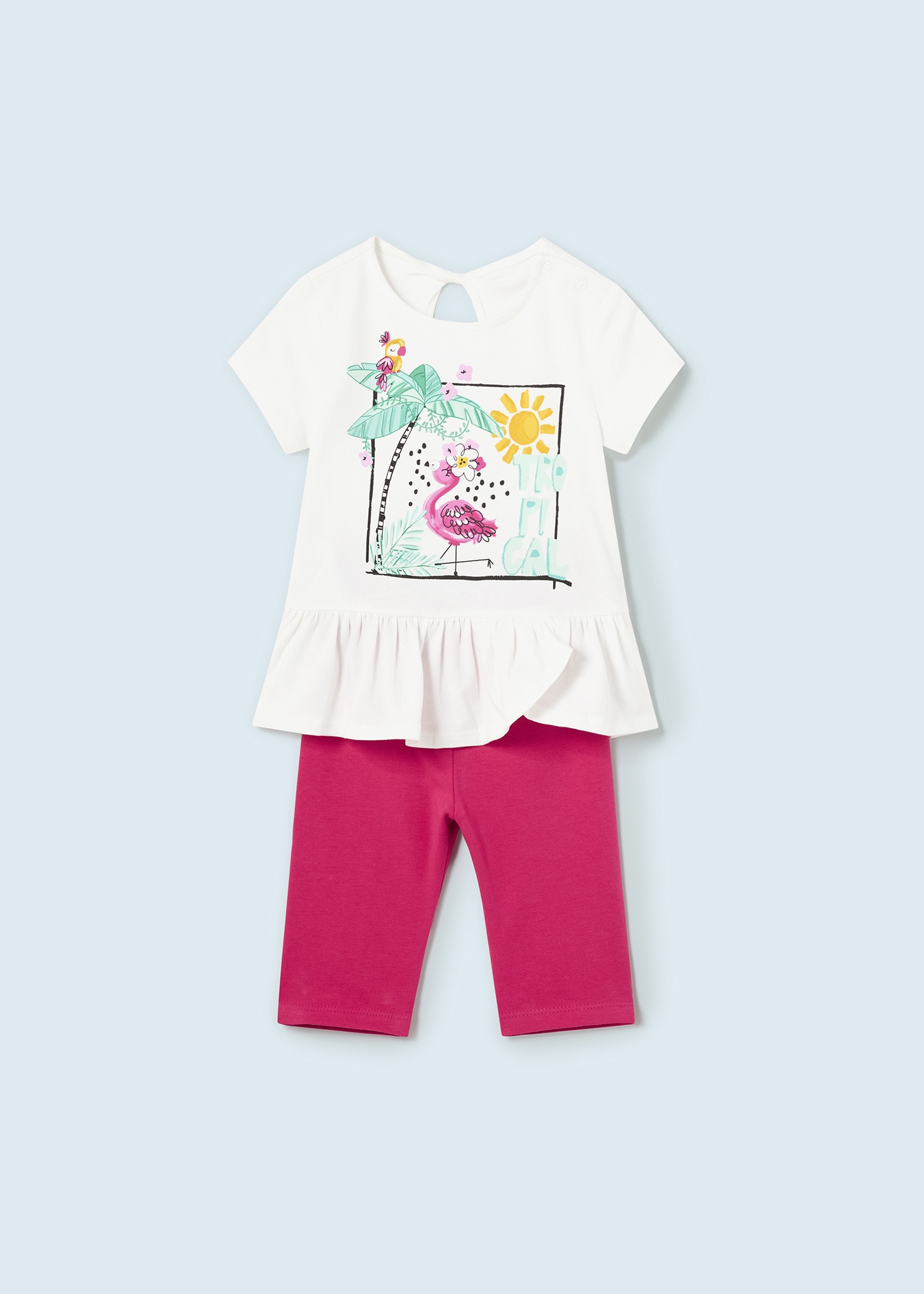 Conjunto de 2 peças com babado, confeccionado em algodão sustentável para bebê.