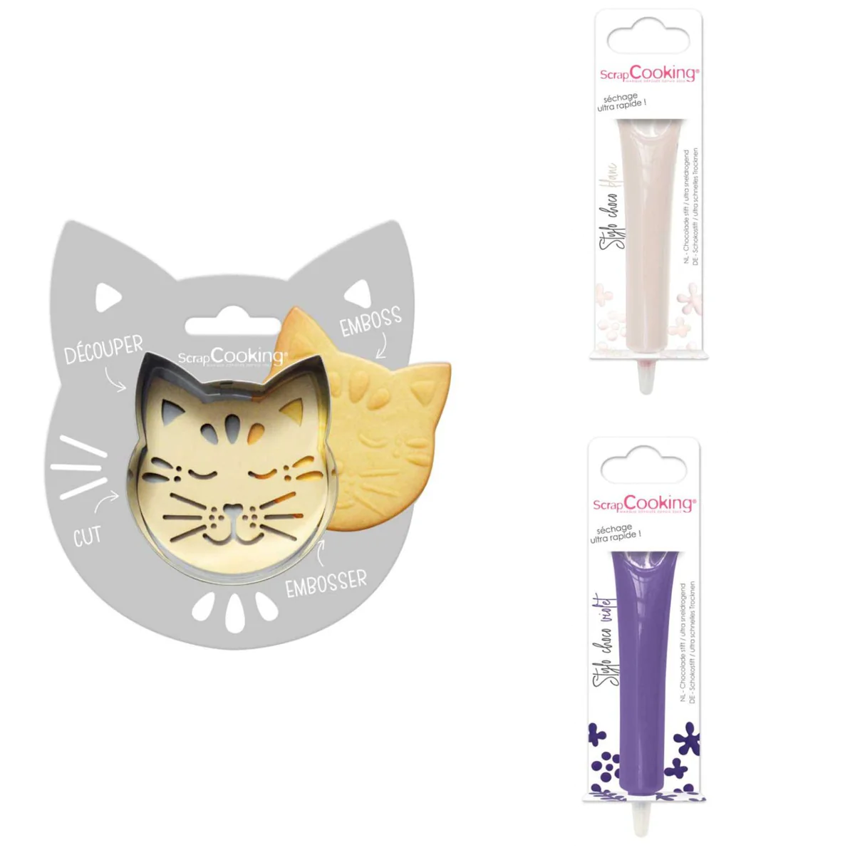 Kit pour biscuit en relief Chat + 2 Stylos au chocolat blanc et violet