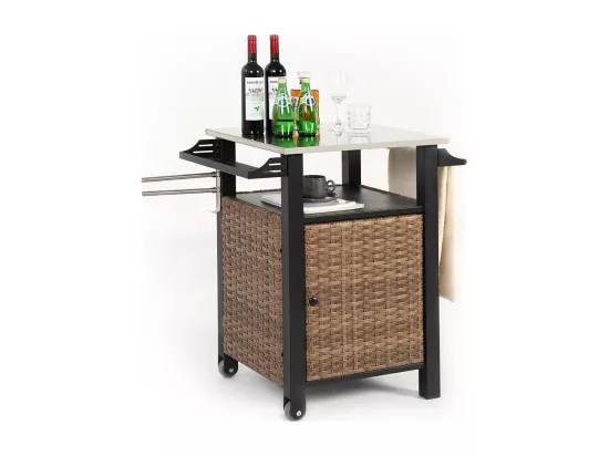 Desserte de jardin chariot roulant à une porte avec armoire de rangement en osier plateau en acier inoxydable roues et poignée latérale couleur marron