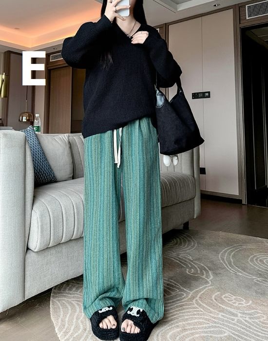 evanesce - Herringbone High Rise Drawstring Knit Wide Leg Pants