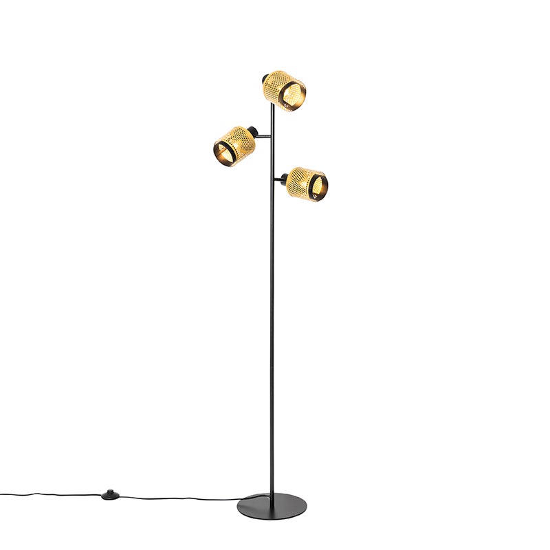 QAZQA - Industrieel I Vintage I Industrieel I Vintage I Staande lamp Zwart met goud I Messing 3 lampen - Kayden I Woonkamer I Slaapkamer - Staal Langwerpig - LED-compatibel E14
