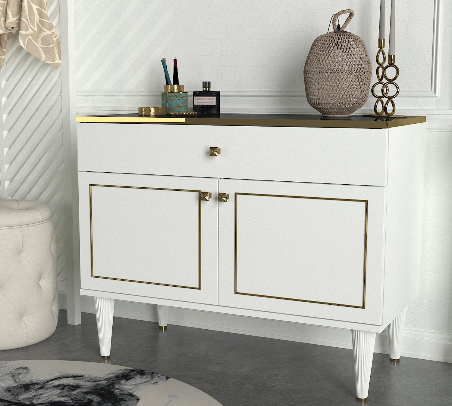 Kommode - weiß-gold - mit Verzierungen - 90 cm breite