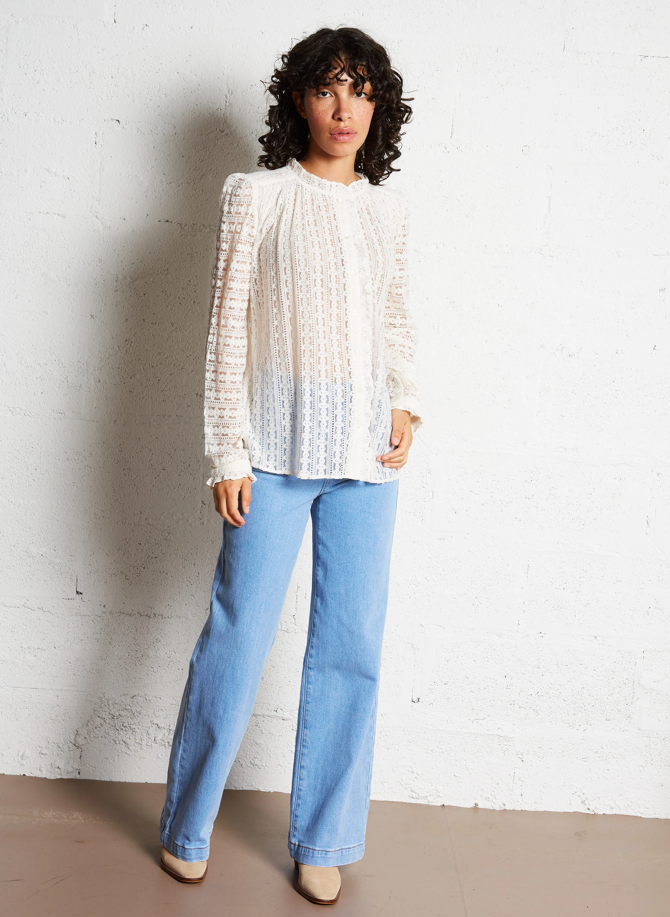 BETSY - Blouse col rond droite en coton mélangé | Beige