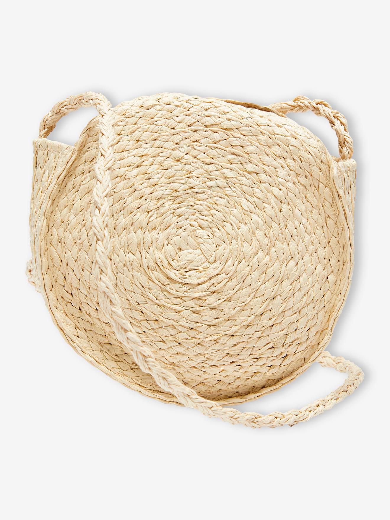 Bolsa redonda de palha com estampa de margaridas para meninas, bege areia.