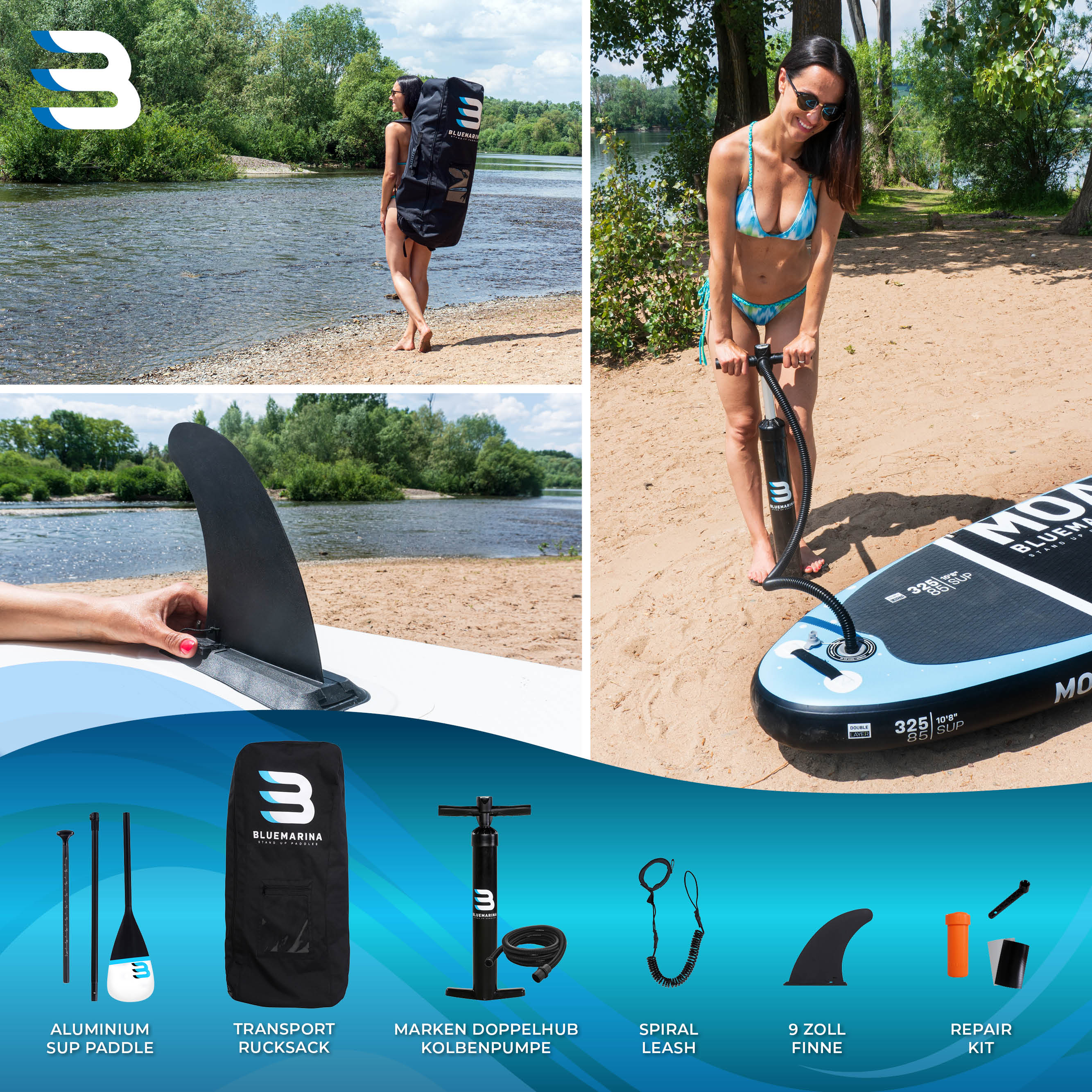Bluemarina SUP Board Moana, aufblasbar mit Double Layer, Paddel, Pumpe, Rucksack, 5J Garantie (305x76x15cm / 10')