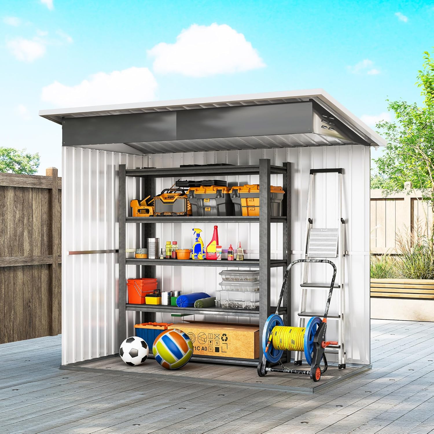 Outsunny Gerätehaus 2,55m², Gartenhaus mit Pultdach, 221 x 133 x 190/173 cm, Geräteschuppen mit Abschließbar Tür, Fenster, Fahrradgarage, Gartenschrank aus Stahl, für Hinterhof, Garten, Dunkelgrau