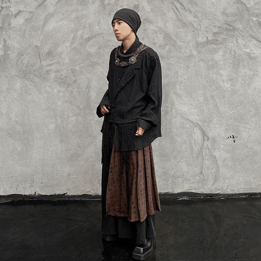 Adotuastic - Hoge taille broek met Chinese karakterprint en wijde pijpen