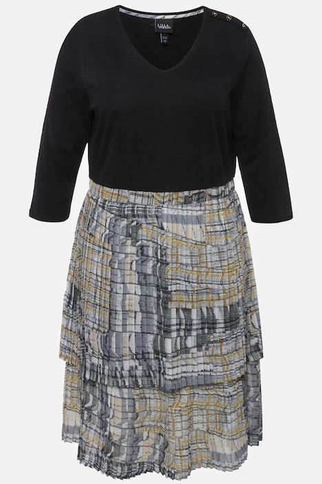 Jerseykleid, Plisseerock, A-Linie, V-Ausschnitt, 3/4-Arm