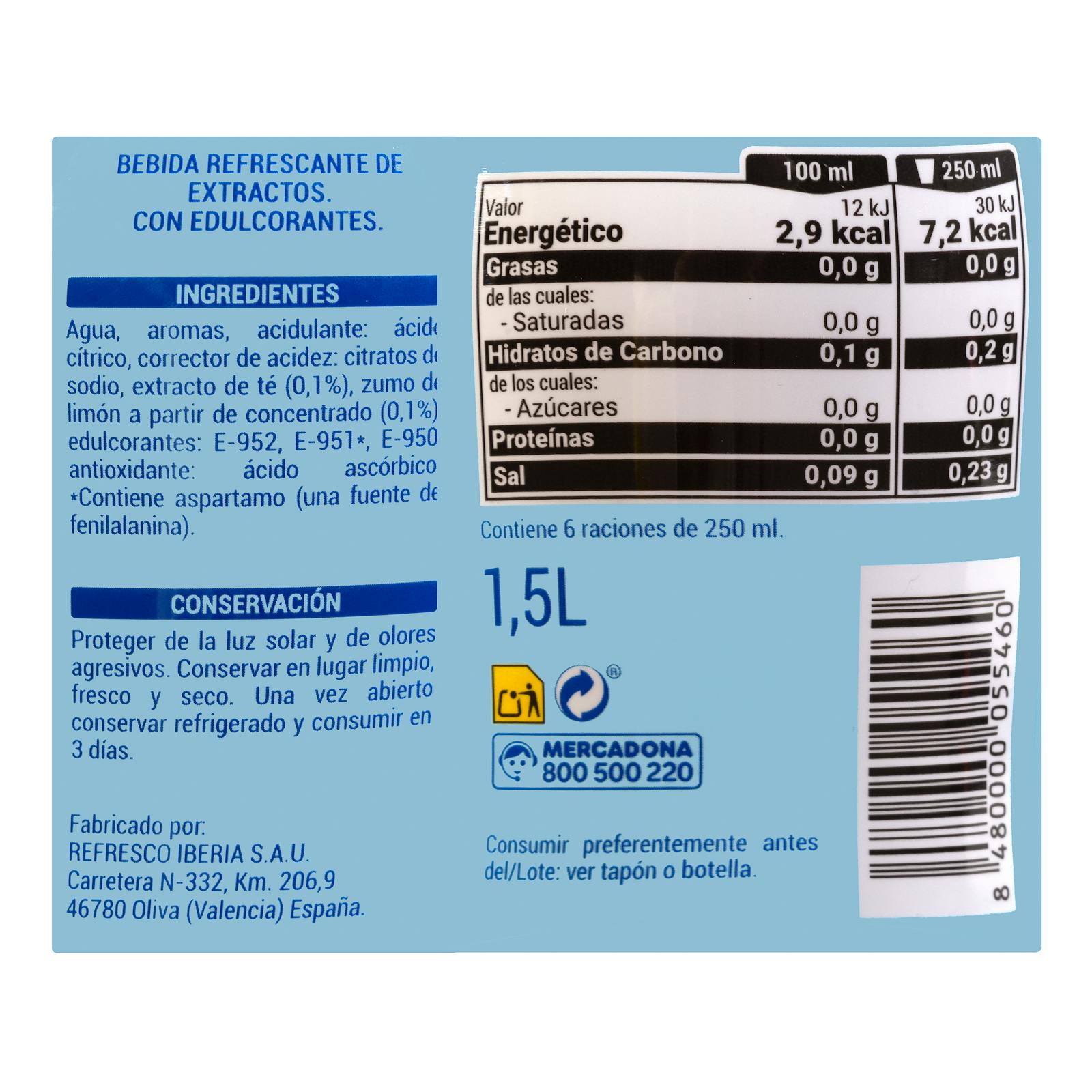 Boisson gazeuse au thé au citron Hacendado Zero