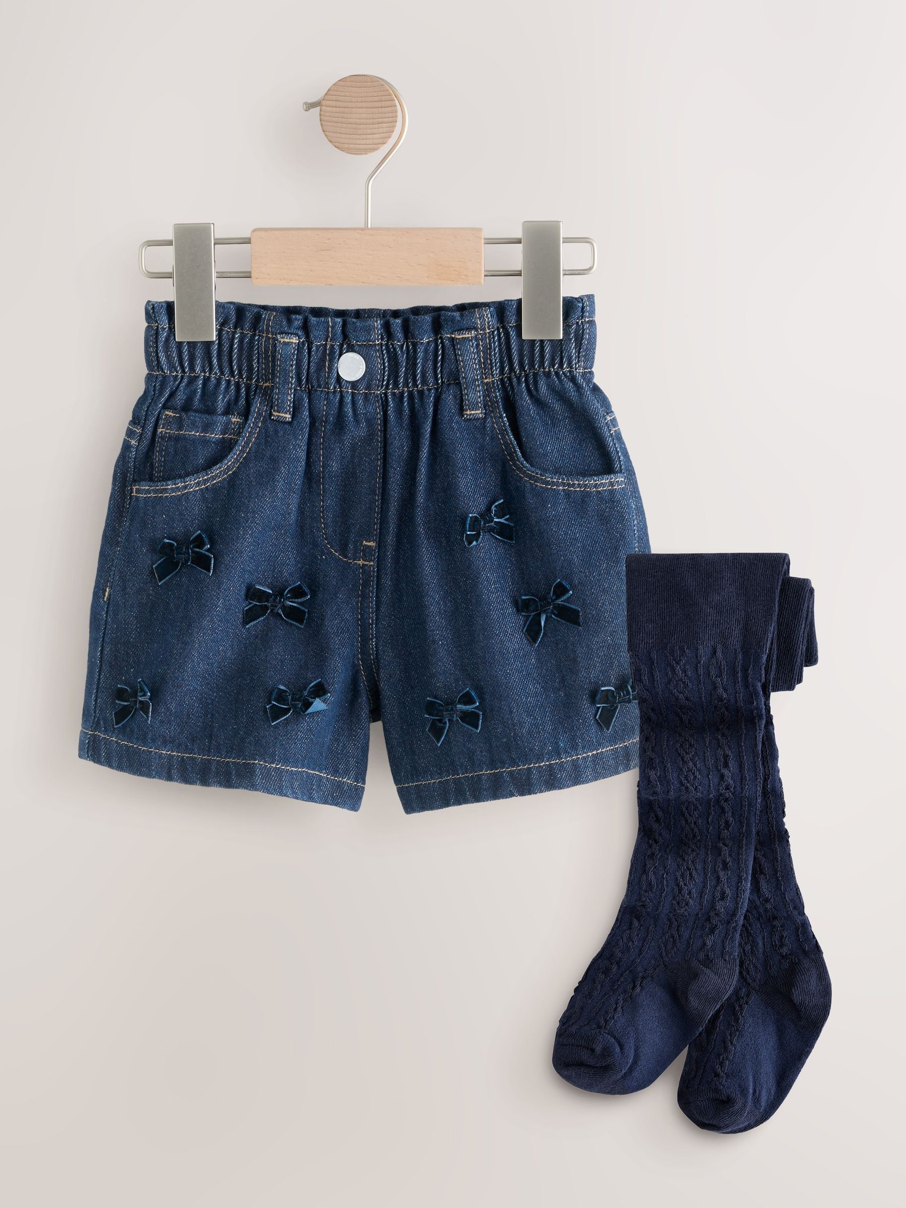 Blauw - Denim Bow Shorts and Tights Set (3mths-7yrs)